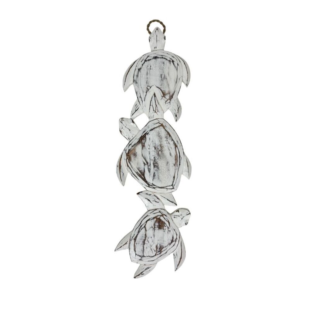 Three Turtle Wood Wall Hanging Distressed White 24 Inch Coastal Nautical Decor